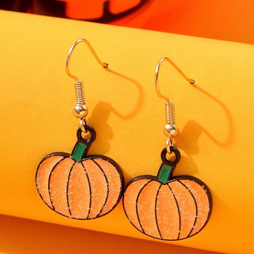 Fall Autumn Halloween Sparkly Glitter Pumpkin Earrings - Picture 5 of 6